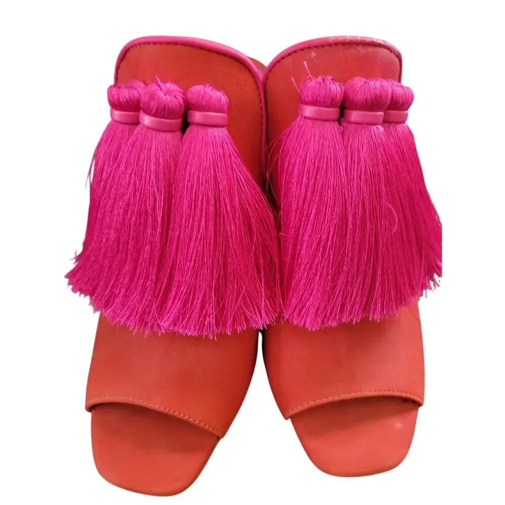 Gianni Bini | The Bold Move Mule– Red Satin Slides w Statement Tassels- Sz 8.5 - Picture 2 of 5